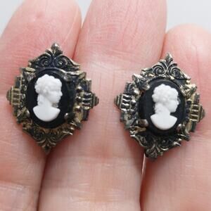 Vintage Sterling Cameo Earrings Vermeil Screw Back Black White 1940s